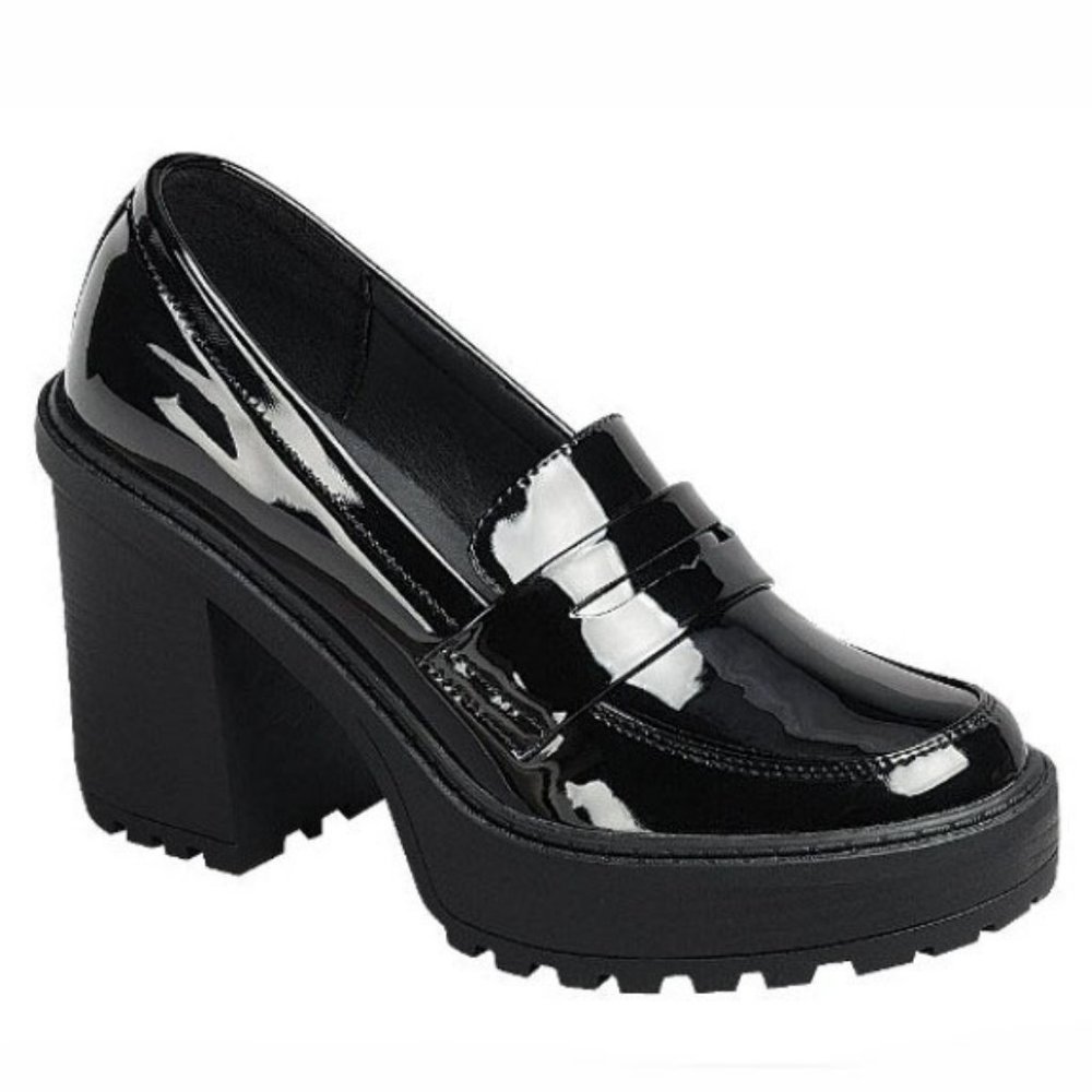 New Black Patent Platform Chunky Heel Penny Loafers